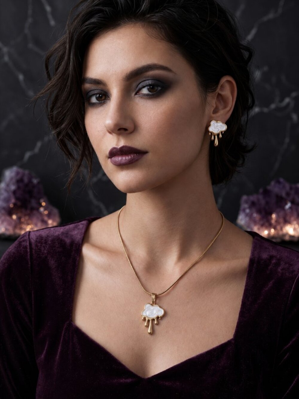 18K Gold Plated SS Surrealist Drip Art Melting Cloud Enamel Necklace Earring Set